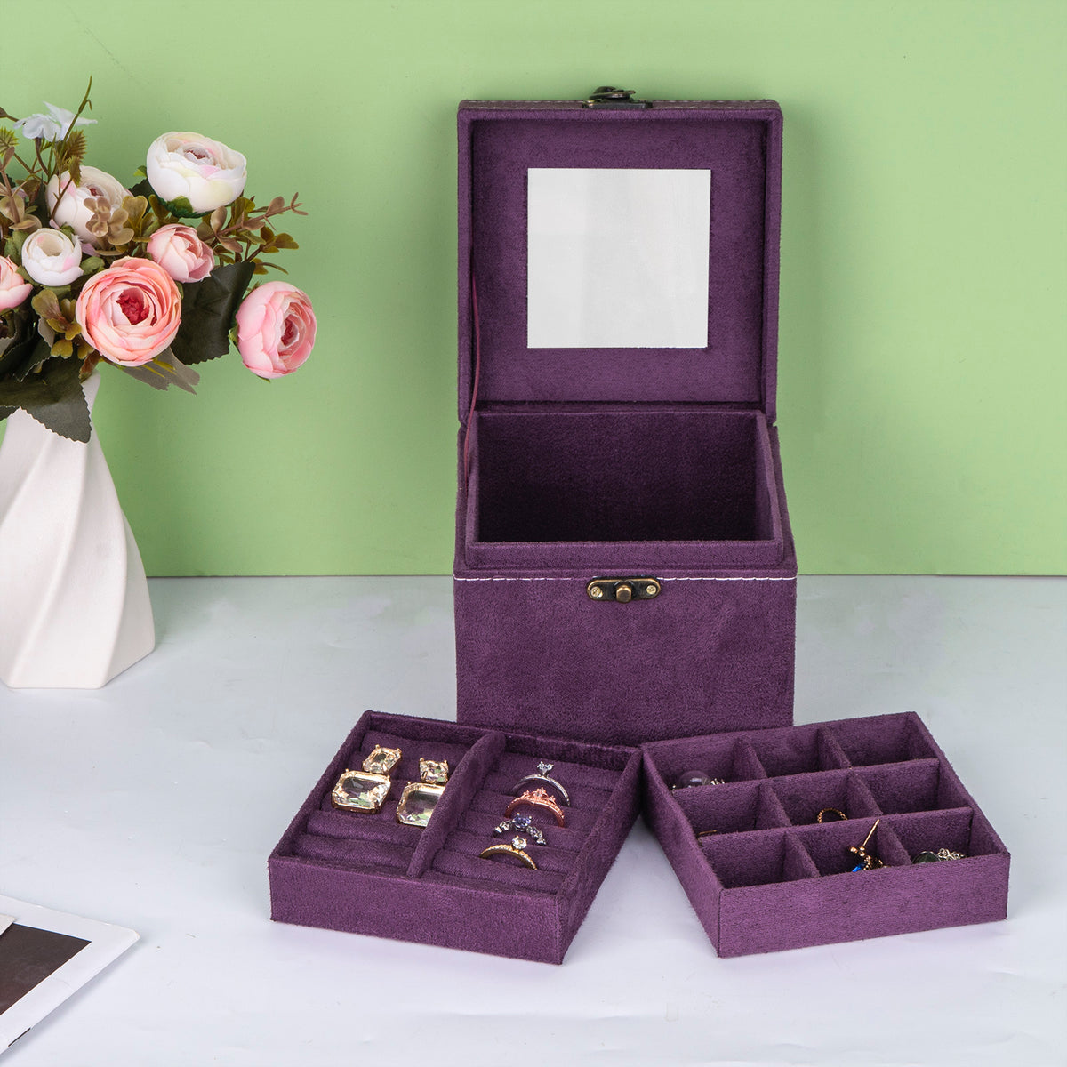 GhiiGe Joyero para mujer, joyero apilable, con espejo, con tapa, caja organizadora de joyas de 3 capas para anillos, pendientes, collares, pulseras (púrpura oscuro)