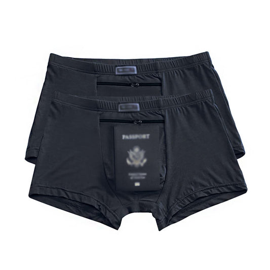 ChiiGe Pocket Underwear for Men pouch with Secret Hidden Front Stash Pocket, Travel Boxer Brief, Medium Size (2 Packs, Black)