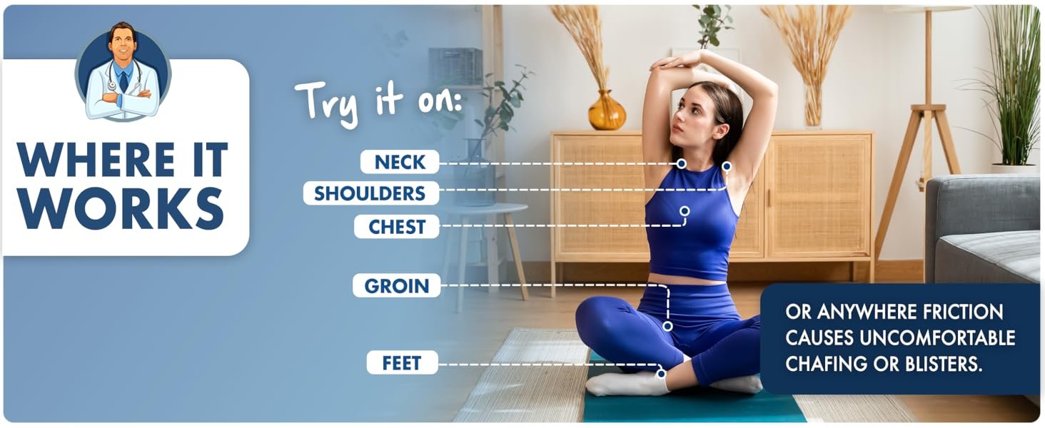 Woman doing yoga comfortable, blister blocker applied to neck, shoulders, chest and groin